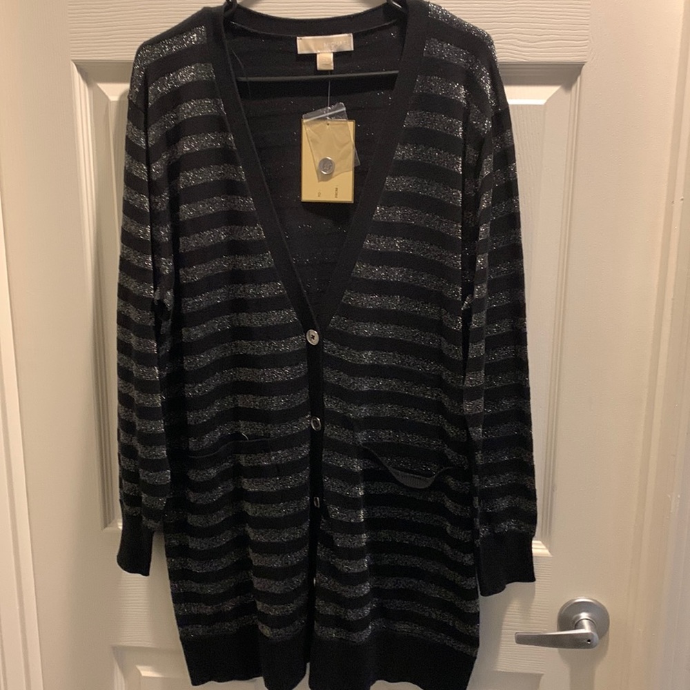Michael kors women long sleeve V neck cardigan sweater NWT SZ ox black/ sliver